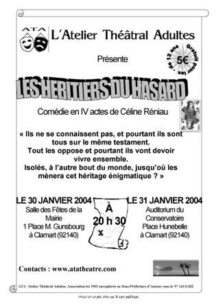 Affiche theatre les heritiers du hasard piece de Céline Réniau